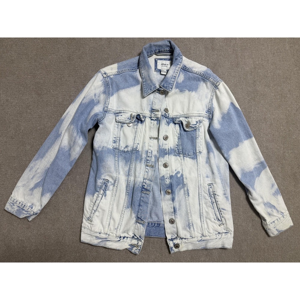 Forever 21 Jacket Mens Medium Blue‎ White Denim Trucker Bleach Wash Distressed